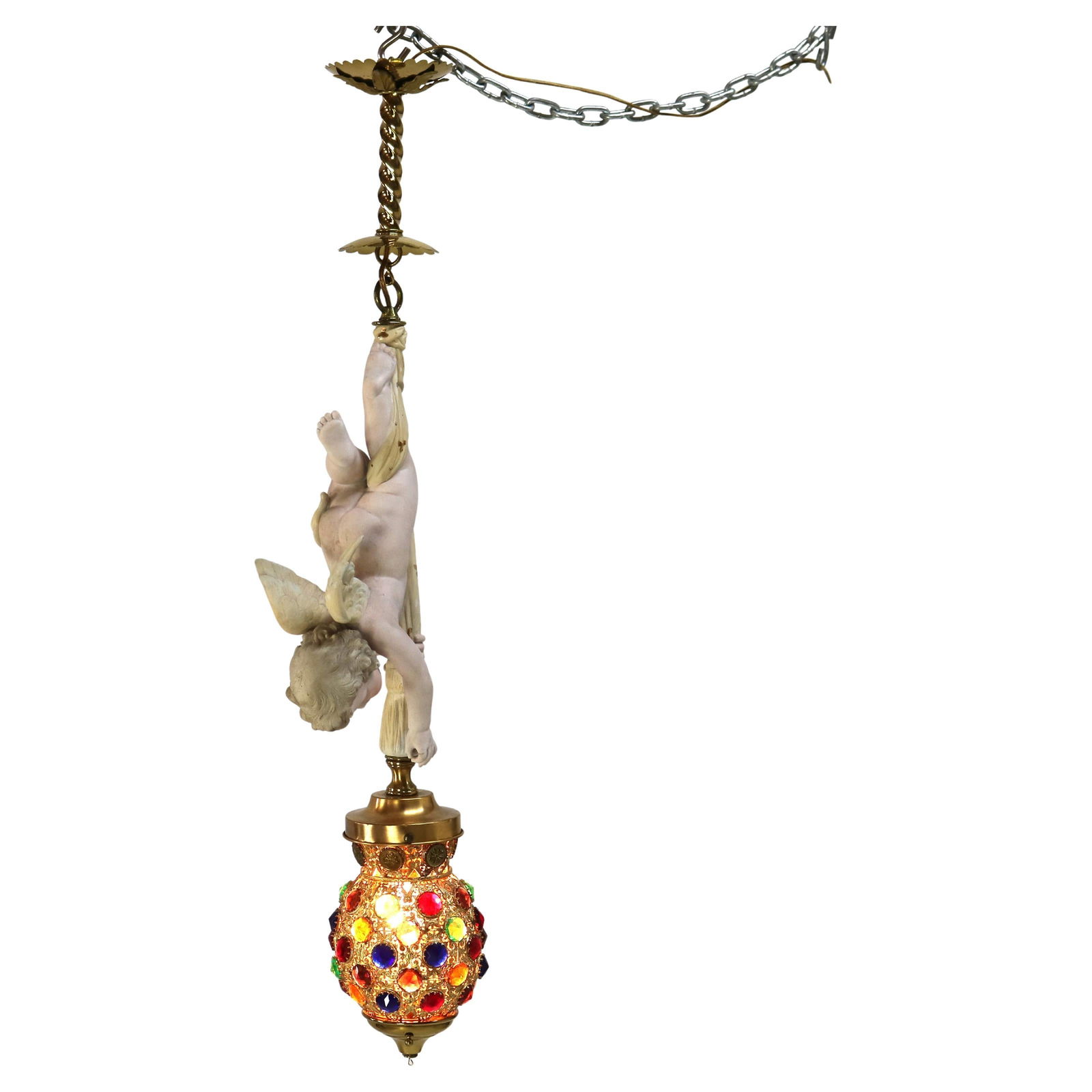 Gilt Bronze and Bisque Cupid Pendant Lamp with Jeweled Glass Shade: Gilt Bronze and Bisque Cupid Pendant Lamp with Jeweled Glass Shade This antique French pendant light features a figural Cupid design crafted in gilt bronze, brass, and bisque porcelain, complemented