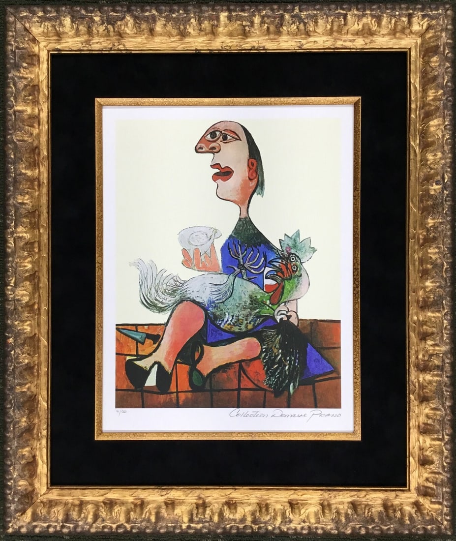 Pablo Picasso Woman With Rooster Limited Edition Giclee Print Framed: Pablo Picasso Woman With Rooster Limited Edition Giclee Print Framed This limited edition giclee print titled "Woman With Rooster" by Pablo Picasso showcases the artist's iconic abstract style. The