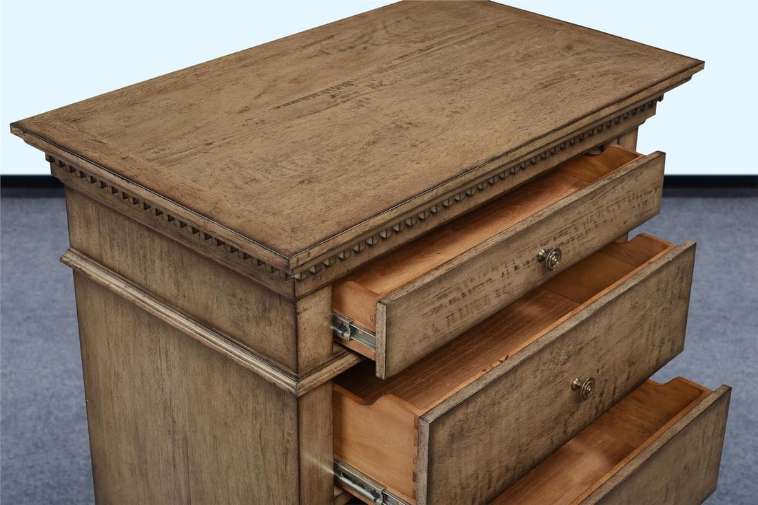 Blake Three Drawer Nightstand in Driftwood Finish: Blake Three Drawer Nightstand in Driftwood Finish Introducing the Blake Nightstand, a perfect blend of style and functionality for your bedroom. This elegant three-drawer nightstand features a stunnin