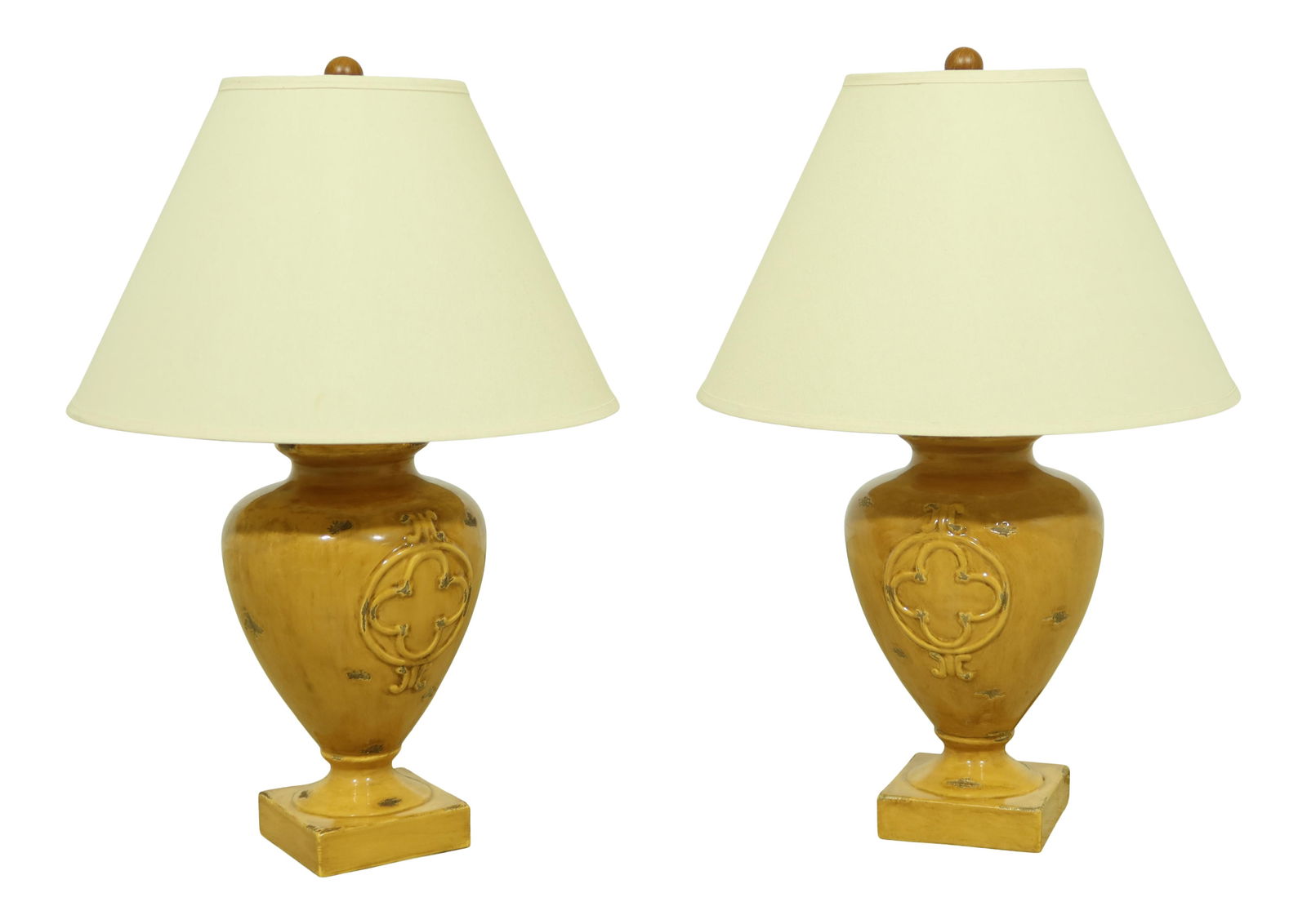 Vibrant Mustard Yellow Terra Cotta Table Lamps Pair with Shades (1 of 8)