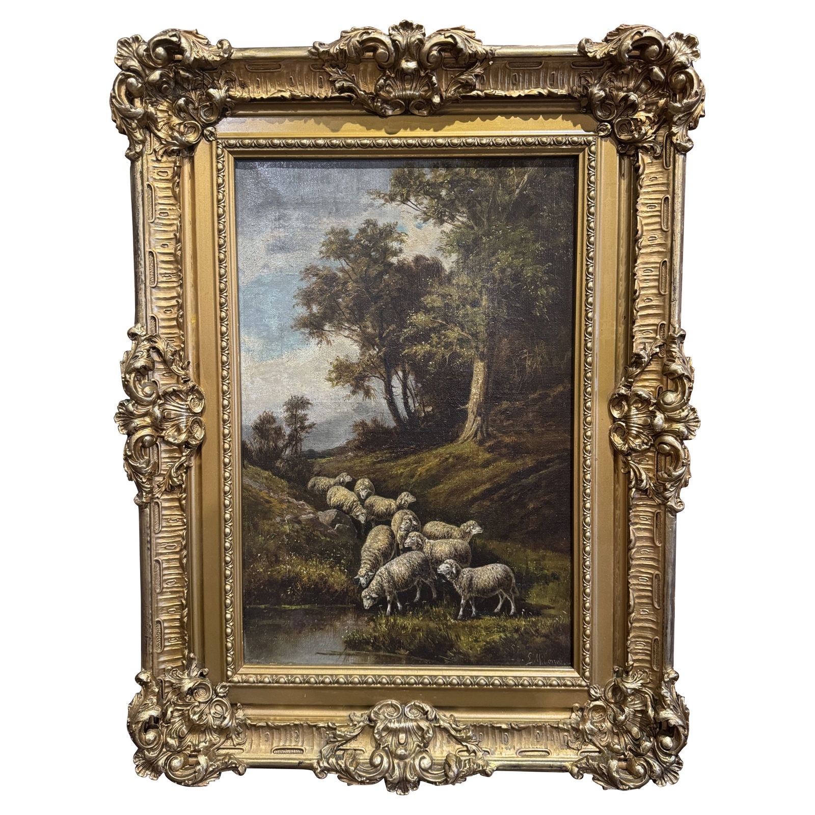 19th Century Italian Pastoral Oil Painting by G. Milone in Gilt Rococo Frame: 19th Century Italian Pastoral Oil Painting by G. Milone in Gilt Rococo Frame This exquisite 19th Century Italian oil painting, signed by the artist G. Milone, captures a serene countryside landscape f