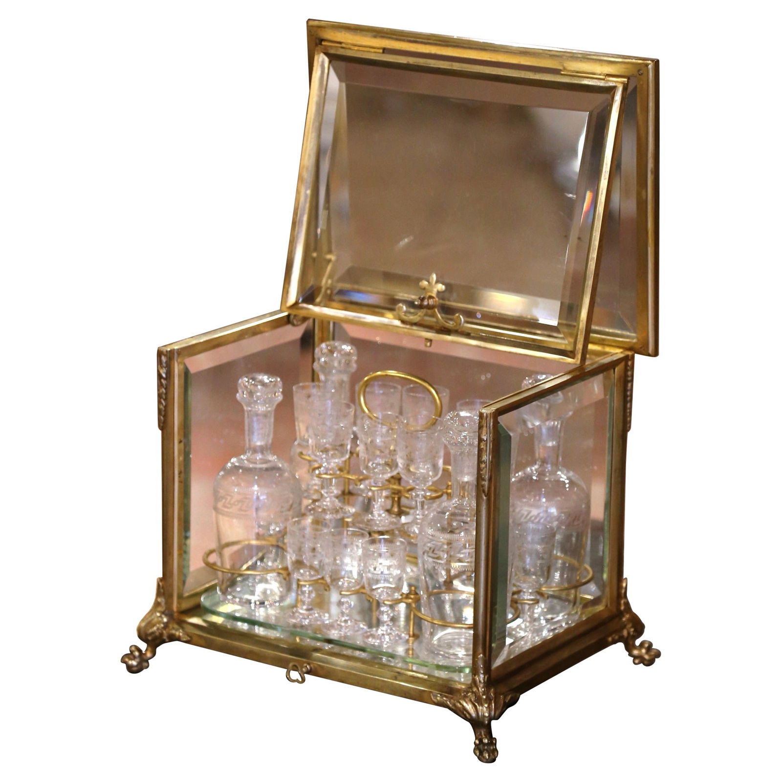 19th Century French Napoleon III Gilt Bronze Glass Cave a Liqueur with Crystal Decanters: 19th Century French Napoleon III Gilt Bronze Glass Cave a Liqueur with Crystal Decanters Elevate your entertaining space with this stunning 19th Century French Napoleon III Gilt Bronze and Glass Cave