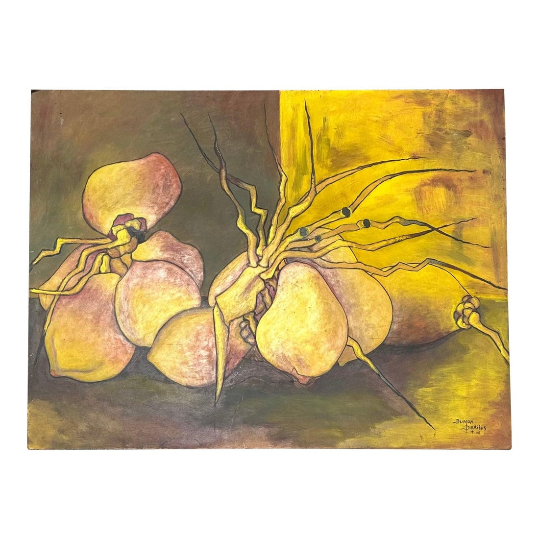 Signed Vintage Abstract Oil Still Life Painting on Wood Panel: Signed Vintage Abstract Oil Still Life Painting on Wood Panel This vintage abstract still life oil painting is rendered on wood and features a captivating composition with warm saffron and earthy tone