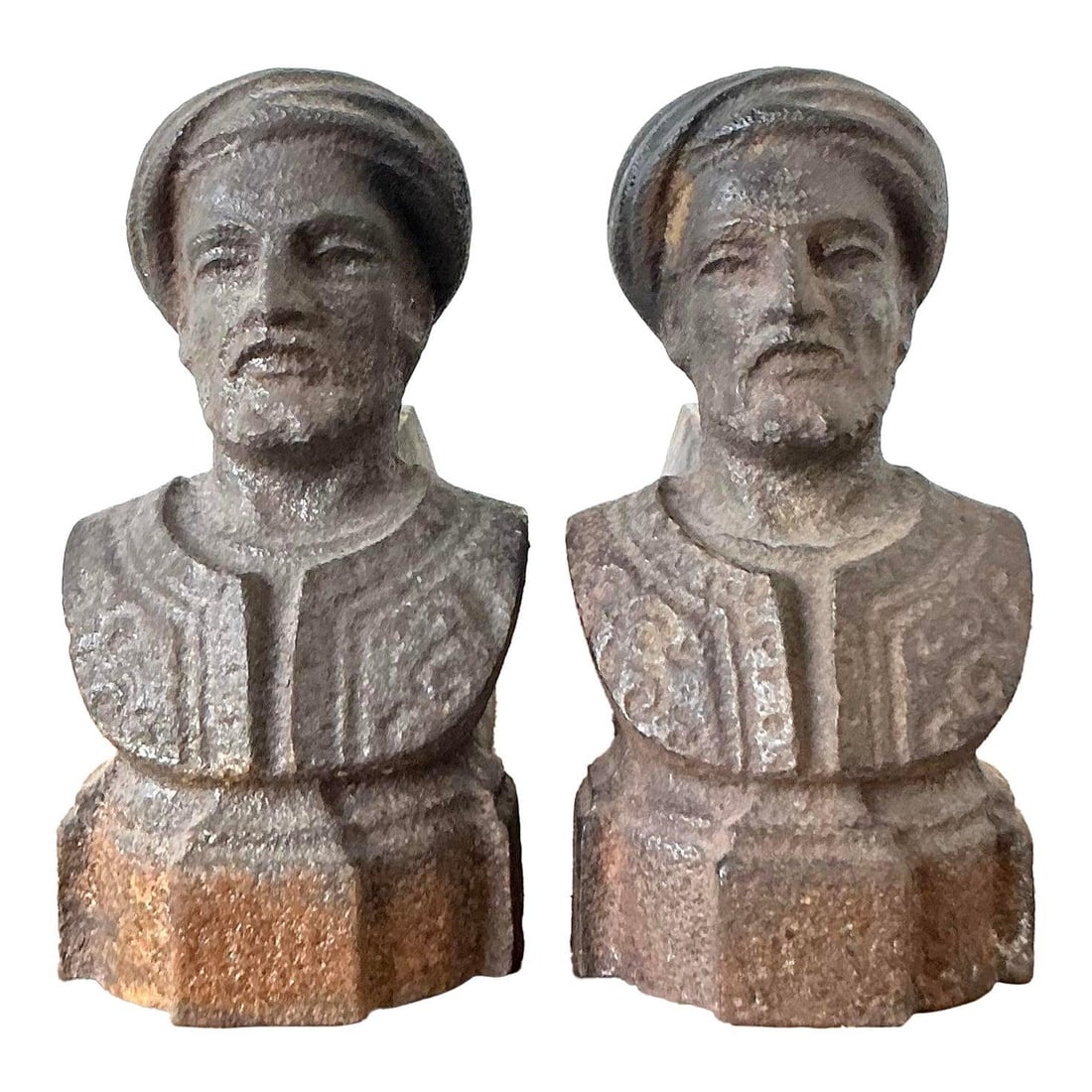Set of 2 French Regency Iron Fireplace Andirons with Figurative Busts: Set of 2 French Regency Iron Fireplace Andirons with Figurative Busts This set of two vintage French andirons showcases intricate Regency and Empire design influences. Expertly cast in durable iron, e