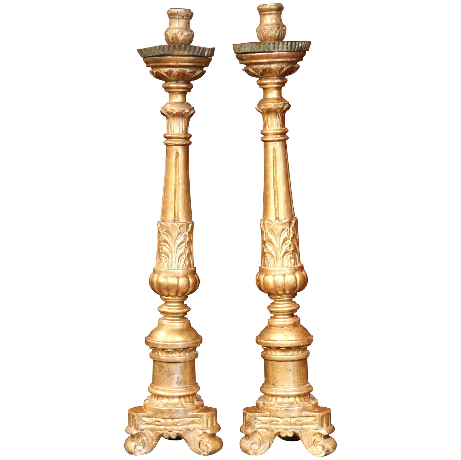 Set of 2 18th C. French Louis XV Giltwood Pricket Stands: Set of 2 18th C. French Louis XV Giltwood Pricket Stands This exquisite pair of 18th-century French Louis XV giltwood pricket stands showcases the elegance and craftsmanship of the period. Hand-carved