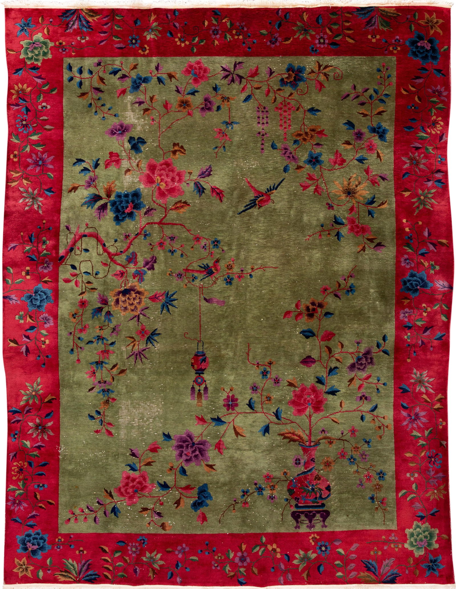 Antique Green Art Deco Chinese Wool Rug 8'10 x 11'5 Hand-Knotted: Antique Green Art Deco Chinese Wool Rug 8'10 x 11'5 Hand-Knotted Discover the elegance of this antique Chinese Art Deco rug, meticulously hand-knotted from high-quality wool. Featuring a stunning gree