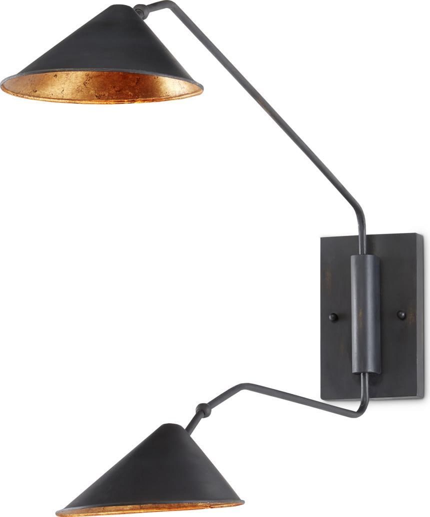 Currey Serpa Double Swing-Arm Sconce French Black Gold Leaf Mid-Century Modern: Currey Serpa Double Swing-Arm Sconce French Black Gold Leaf Mid-Century Modern Illuminate your space with this elegant Chic Mid-Century Modern Serpa Sconce, designed to complement modern interiors. Cr
