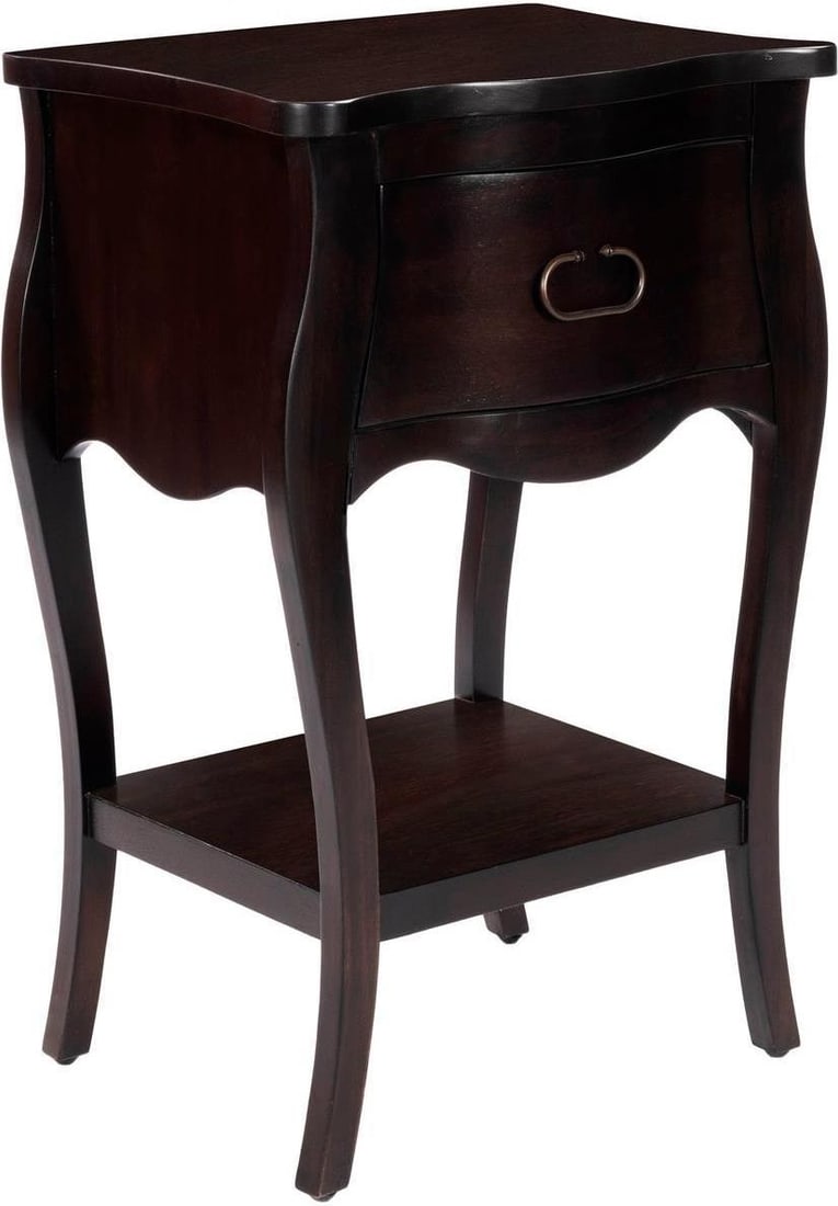 Butler Dark Brown 1-Drawer Transitional Nightstand: Butler Dark Brown 1-Drawer Transitional Nightstand This elegant dark brown nightstand combines transitional style with functional design. Featuring a scalloped apron, it offers a single drawer for con