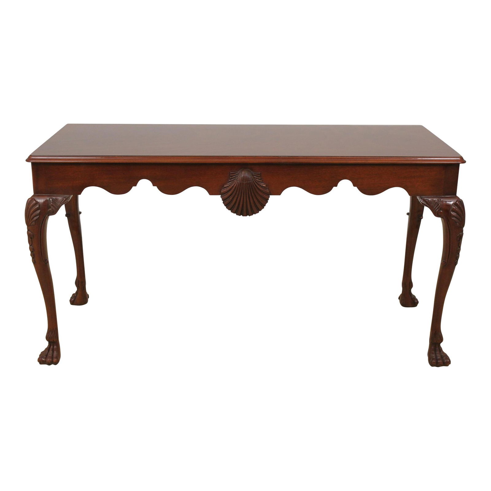 Kindel Irish Georgian Mahogany Desk Table with Carved Paw Feet: Kindel Irish Georgian Mahogany Desk Table with Carved Paw Feet This exquisite Kindel Irish Georgian Masterworks Library Desk Table is crafted from rich reddish mahogany, showcasing a stunning preserva