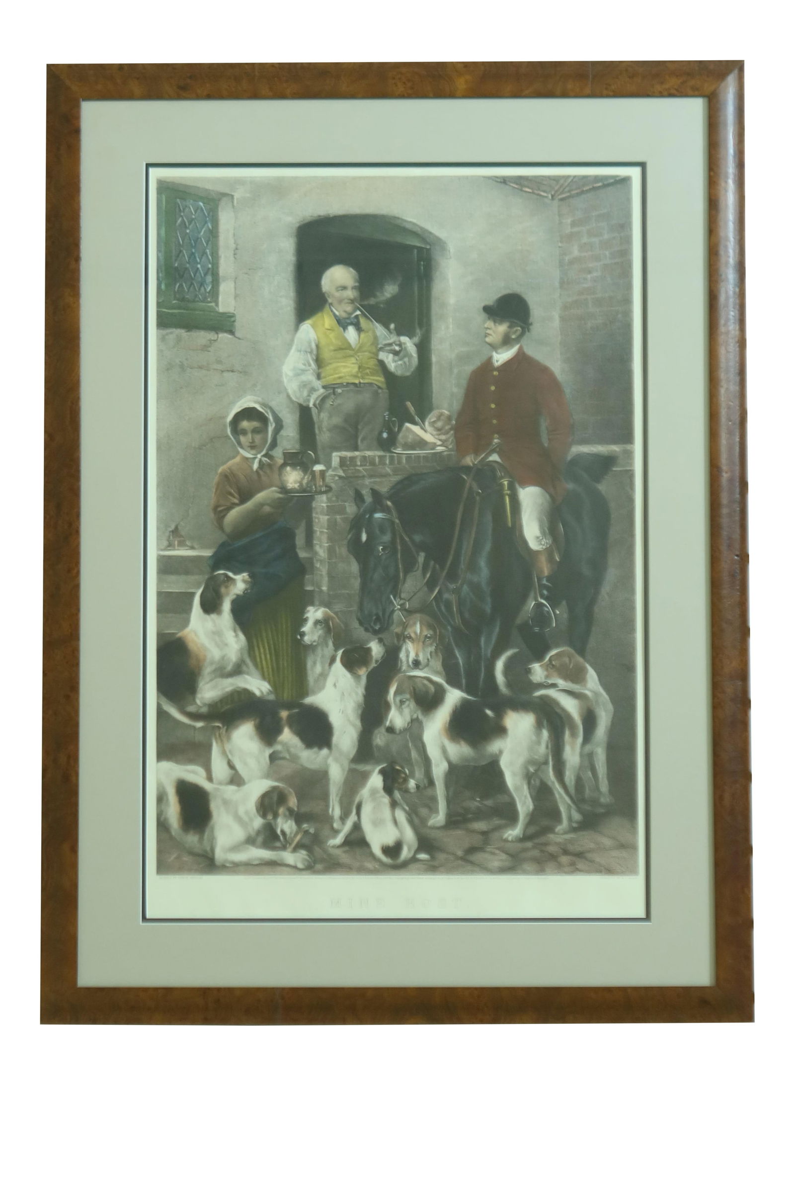 1863 Mine Host Birdseye Maple Framed Vintage Engraving 29 x 39: 1863 Mine Host Birdseye Maple Framed Vintage Engraving 29 x 39 This stunning 19th-century colored engraving, titled "Mine Host," dates back to 1863 and showcases a remarkable level of craftsmanship. P