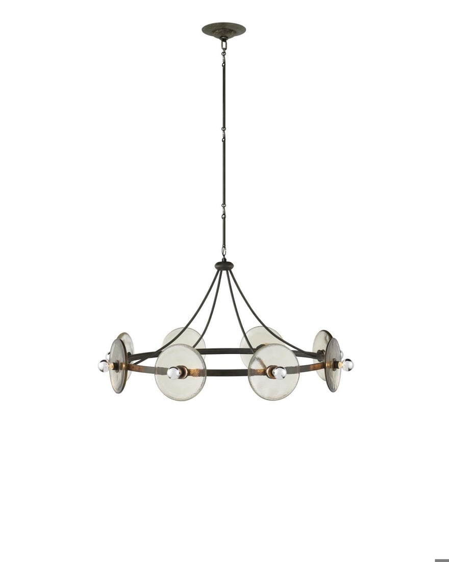 Currey Circumstellar Adjustable Chandelier Black Iron Recycled Glass 8 Bulb: Currey Circumstellar Adjustable Chandelier Black Iron Recycled Glass 8 Bulb Illuminate your space with the elegant Adjustable Circumstellar Chandelier. This stunning disc chandelier features a sleek d