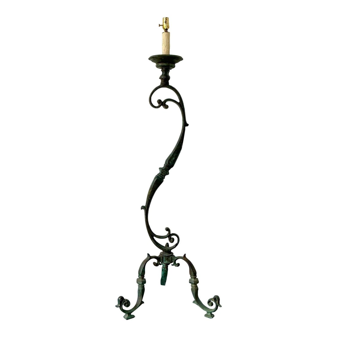 Boho Style Verdigris Bronze S-Scroll Floor Lamp with Tripod Base (1 of 8)