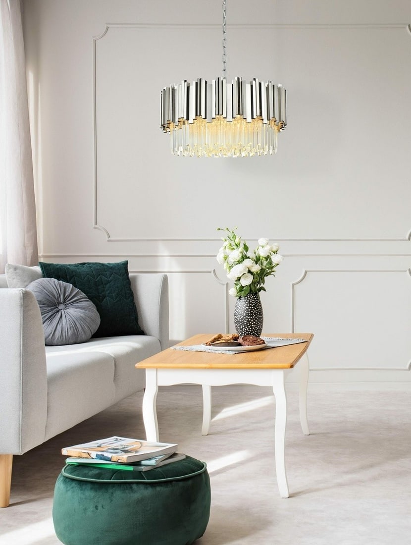 Willow 24 Inch Round Chrome Crystal Chandelier With Eight Lights: Willow 24 Inch Round Chrome Crystal Chandelier With Eight Lights This modern crystal chandelier features a polished chrome frame adorned with clear royal cut crystals, providing a striking centerpiece