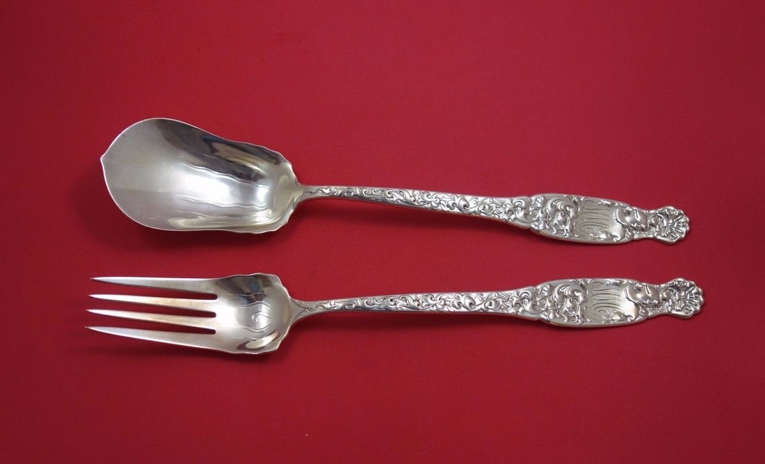Whiting Heraldic Sterling Silver Salad Serving Set 2pc 12 Inch Scrollwork (1 of 1)
