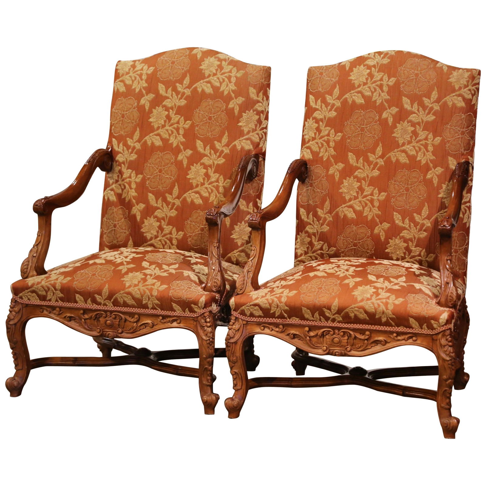Set of 2 19th Century French Louis XV Walnut Armchairs with Rust Floral Upholstery (1 of 14)