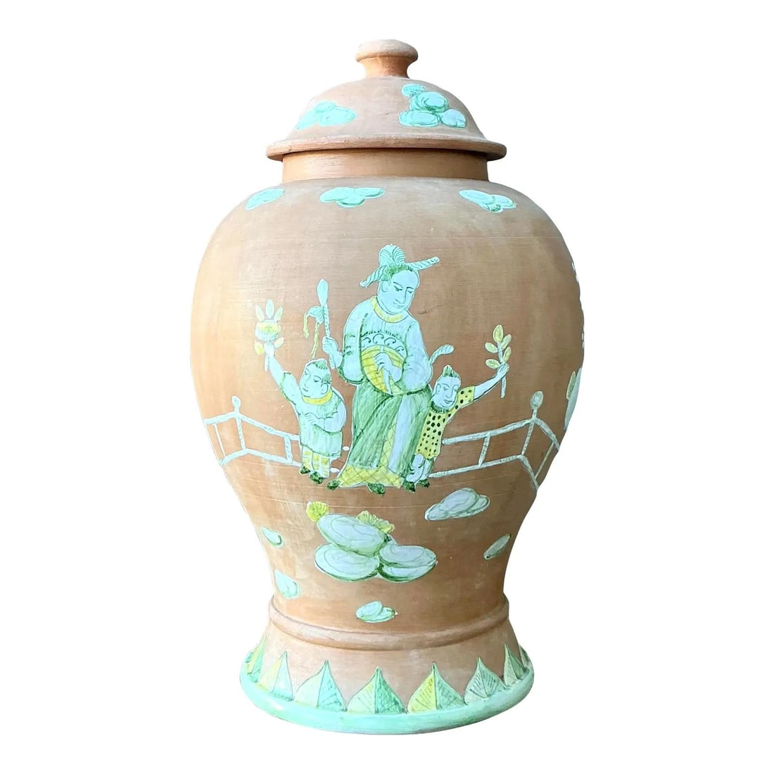 Terracotta Chinoiserie Decorative Urn with Lid and Hand Painted Garden Scenes: Terracotta Chinoiserie Decorative Urn with Lid and Hand Painted Garden Scenes This vintage lidded urn showcases Chinoiserie design with traditional Asian motifs and a Regency-inspired silhouette. Hand