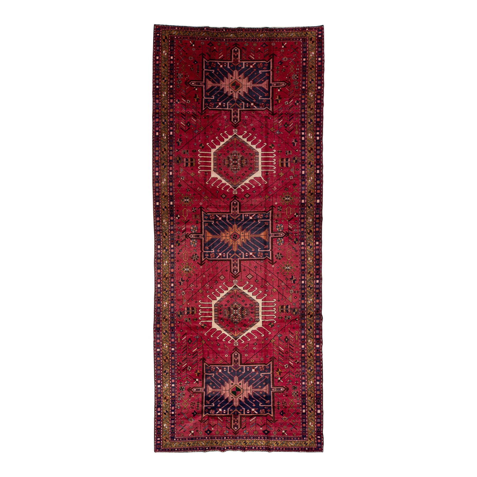 Vintage Persian Heriz Wool Rug Red Tribal Pattern 5'6 x 13'10: Vintage Persian Heriz Wool Rug Red Tribal Pattern 5'6 x 13'10 Enhance your space with this stunning vintage Persian Heriz gallery rug, meticulously crafted from hand-knotted wool. The vibrant red fiel