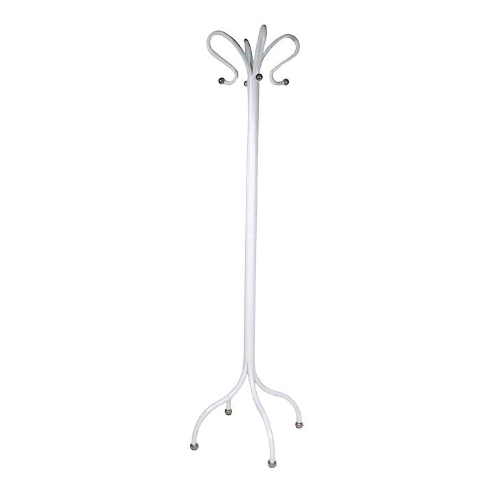 Vintage Four Hook Coat Rack Stand White Chrome Finials 1930s-1950s: Vintage Four Hook Coat Rack Stand White Chrome Finials 1930s-1950s This chic and stylish freestanding coat tree features a newly powder coated semi-gloss white finish, complemented by bright chrome ba