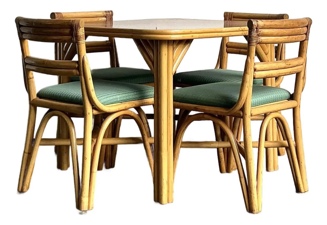 Mid-Century Bent Rattan Square Game Table With Four Slat-Back Chairs Set: Mid-Century Bent Rattan Square Game Table With Four Slat-Back Chairs Set This vintage 1950s bent rattan game table set exemplifies mid-century tropical modernism. The set includes a square table and f