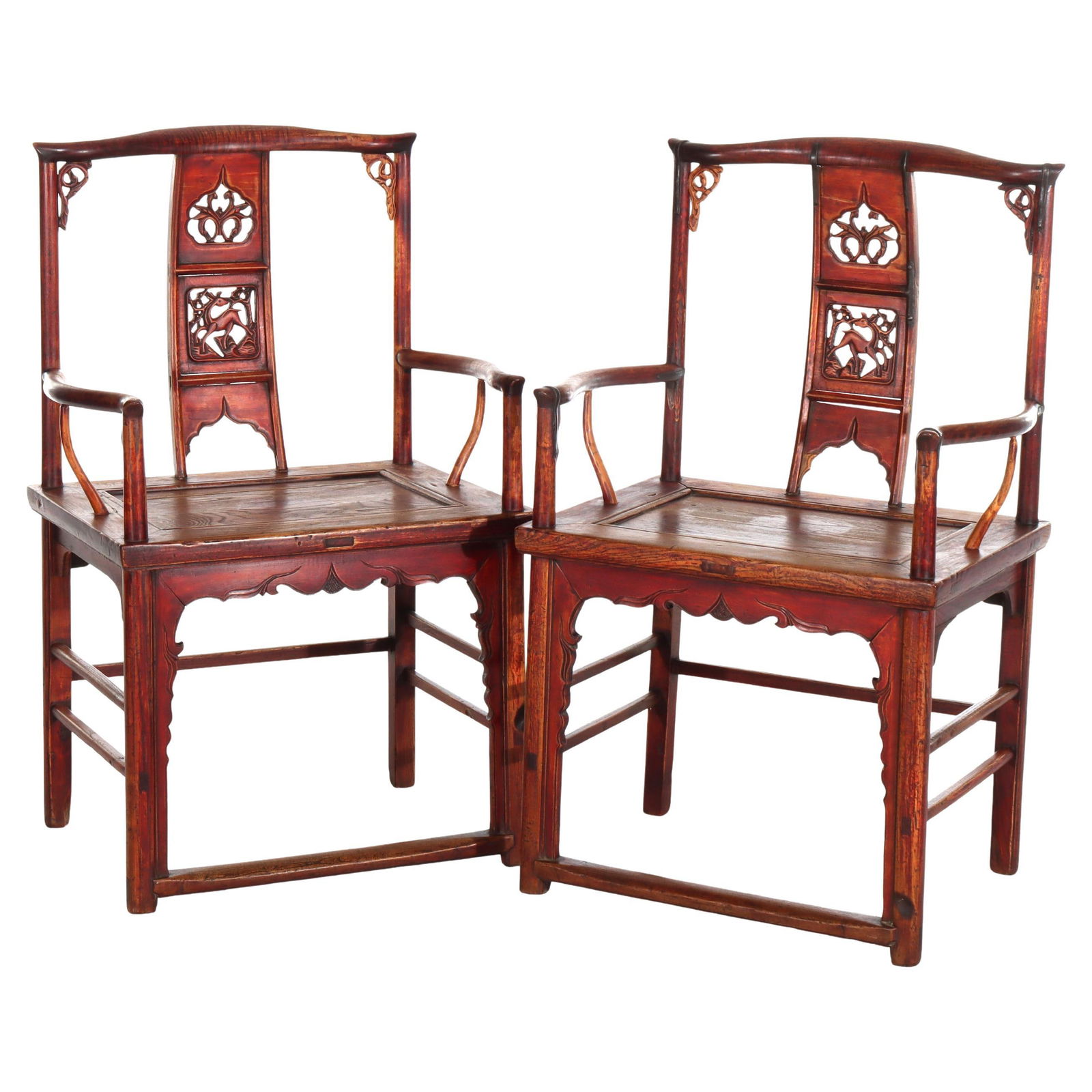 Set of Two Qing Dynasty Yew Wood Armchairs with Stag Motif Carvings: Set of Two Qing Dynasty Yew Wood Armchairs with Stag Motif Carvings This pair of antique armchairs dates to the Qing Dynasty in the 19th century and is expertly crafted from yew wood, valued for its d