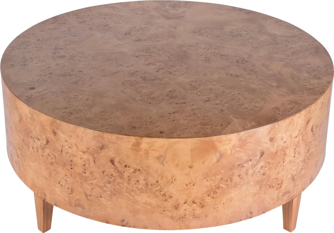 Butler Round Coffee Table Billie Collection Brown Burl Finish: Butler Round Coffee Table Billie Collection Brown Burl Finish Introducing the Artful Round Coffee Table, a stunning addition to your living space that embodies vintage charm with a modern twist. Craft