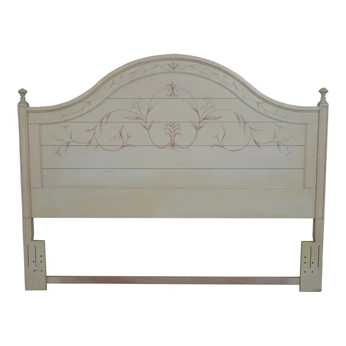 Leaf and Vine Ivory Painted King Headboard with Distressed Finish: Leaf and Vine Ivory Painted King Headboard with Distressed Finish This king size headboard features a factory distressed painted finish in ivory and antique white tones. The design showcases a leaf an