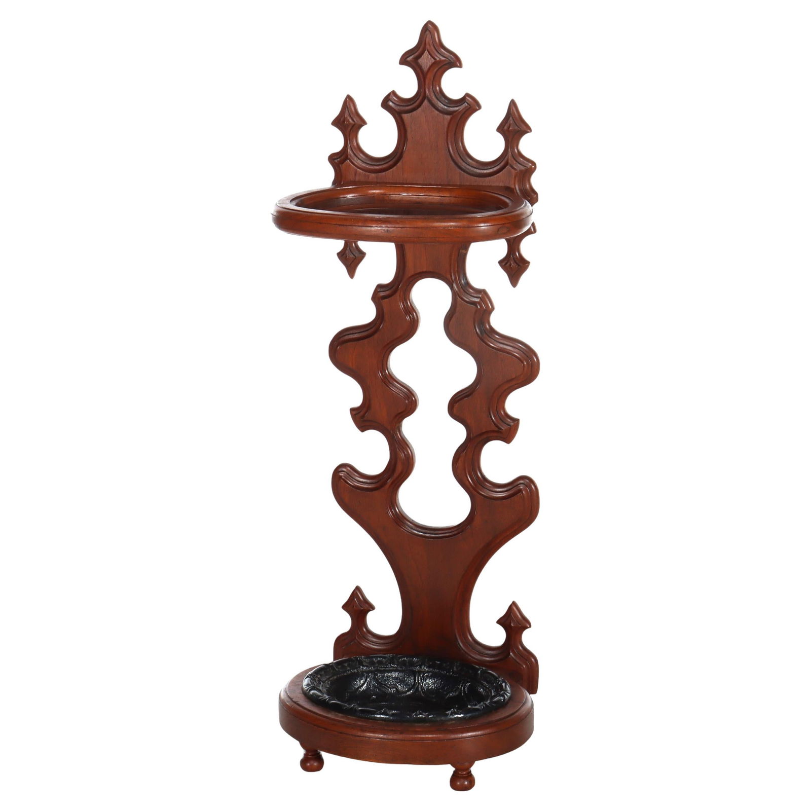 Rococo Walnut Umbrella Stand with Cast Iron Tray c1890: Rococo Walnut Umbrella Stand with Cast Iron Tray c1890 This exquisite Antique Rococo Umbrella Stand, dating back to circa 1890, showcases the elegance of the Rococo style with its intricate scrollwork