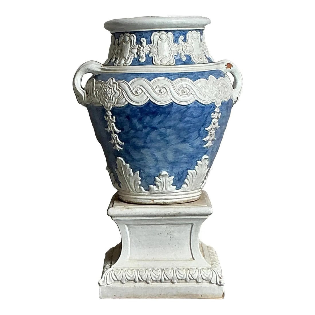 Monumental Glazed Terracotta Urn With Pedestal Boho Blue White Raised Relief (1 of 6)
