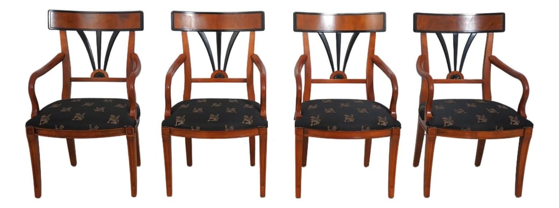 Set of 4 Century Biedermier Walnut Ebony Armchairs with Gold Fabric: Set of 4 Century Biedermier Walnut Ebony Armchairs with Gold Fabric This set of 4 Century Biedermier armchairs showcases exquisite craftsmanship with high-quality walnut construction and elegant black