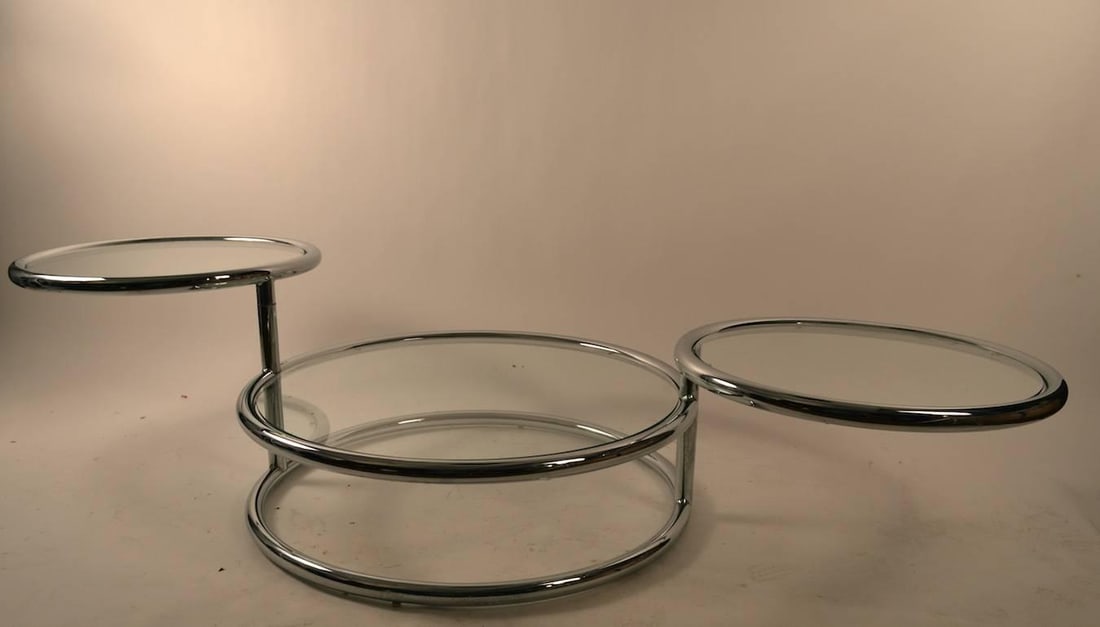 Adjustable Chrome Mechanical Disk Table with Glass Surfaces - 4