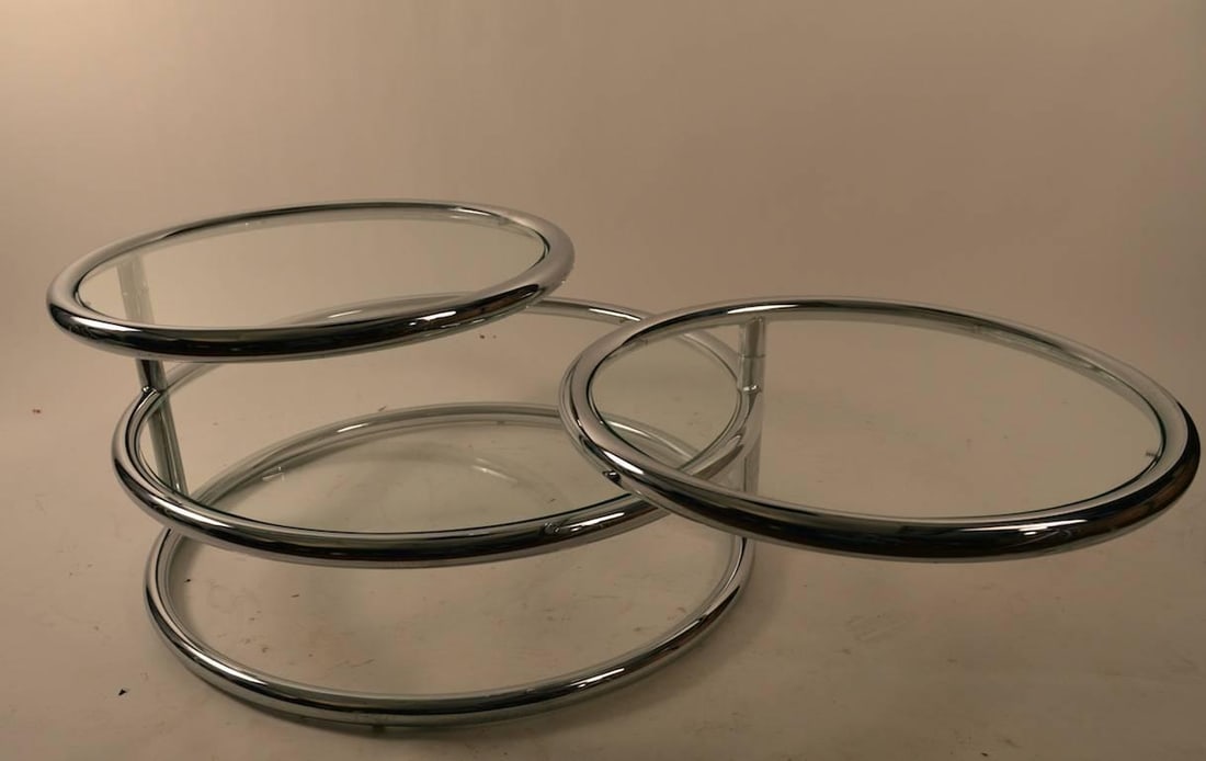 Adjustable Chrome Mechanical Disk Table with Glass Surfaces - 6