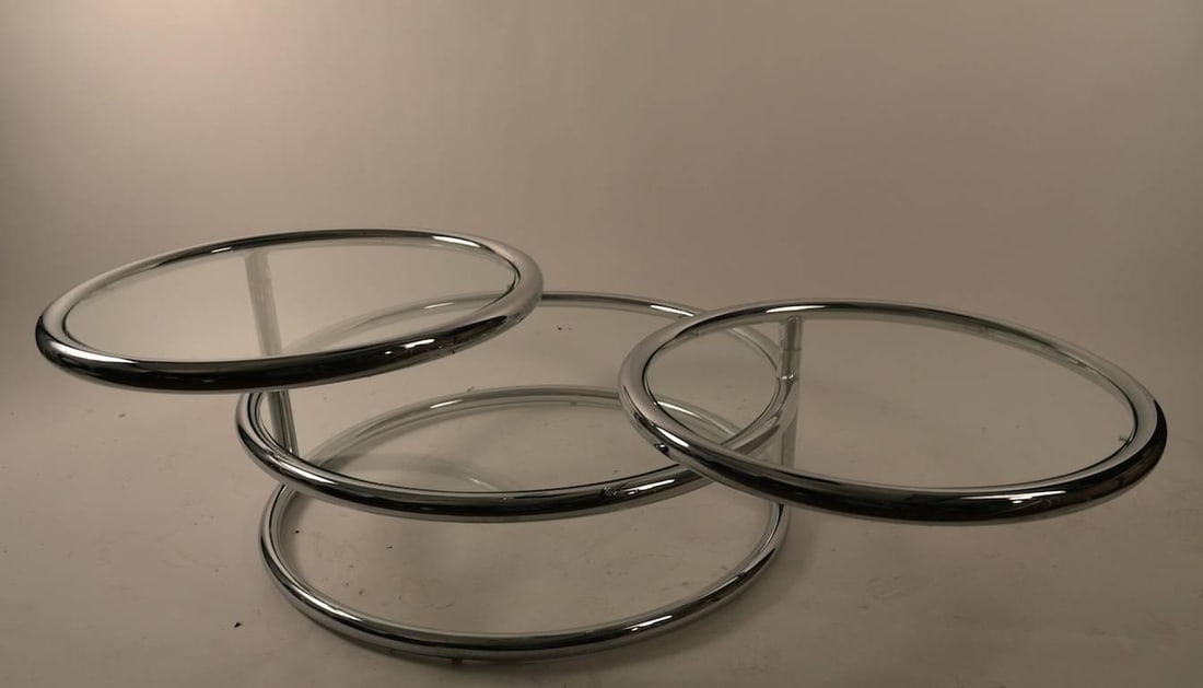 Adjustable Chrome Mechanical Disk Table with Glass Surfaces - 7