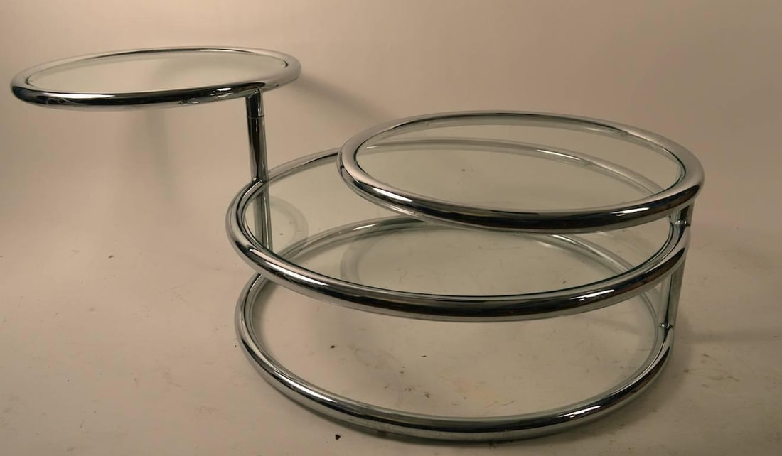 Adjustable Chrome Mechanical Disk Table with Glass Surfaces - 9