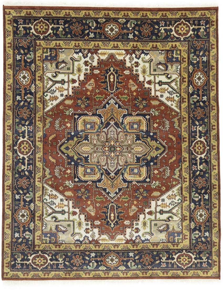 Hand-knotted Wool Heriz Serapi Area Rug Floral Pattern 8'0 x 9'11 India: Hand-knotted Wool Heriz Serapi Area Rug Floral Pattern 8'0 x 9'11 India This handmade Heriz Serapi oriental rug features a large floral pattern with a blend of rust, dark navy, cream, buff, beige, gre