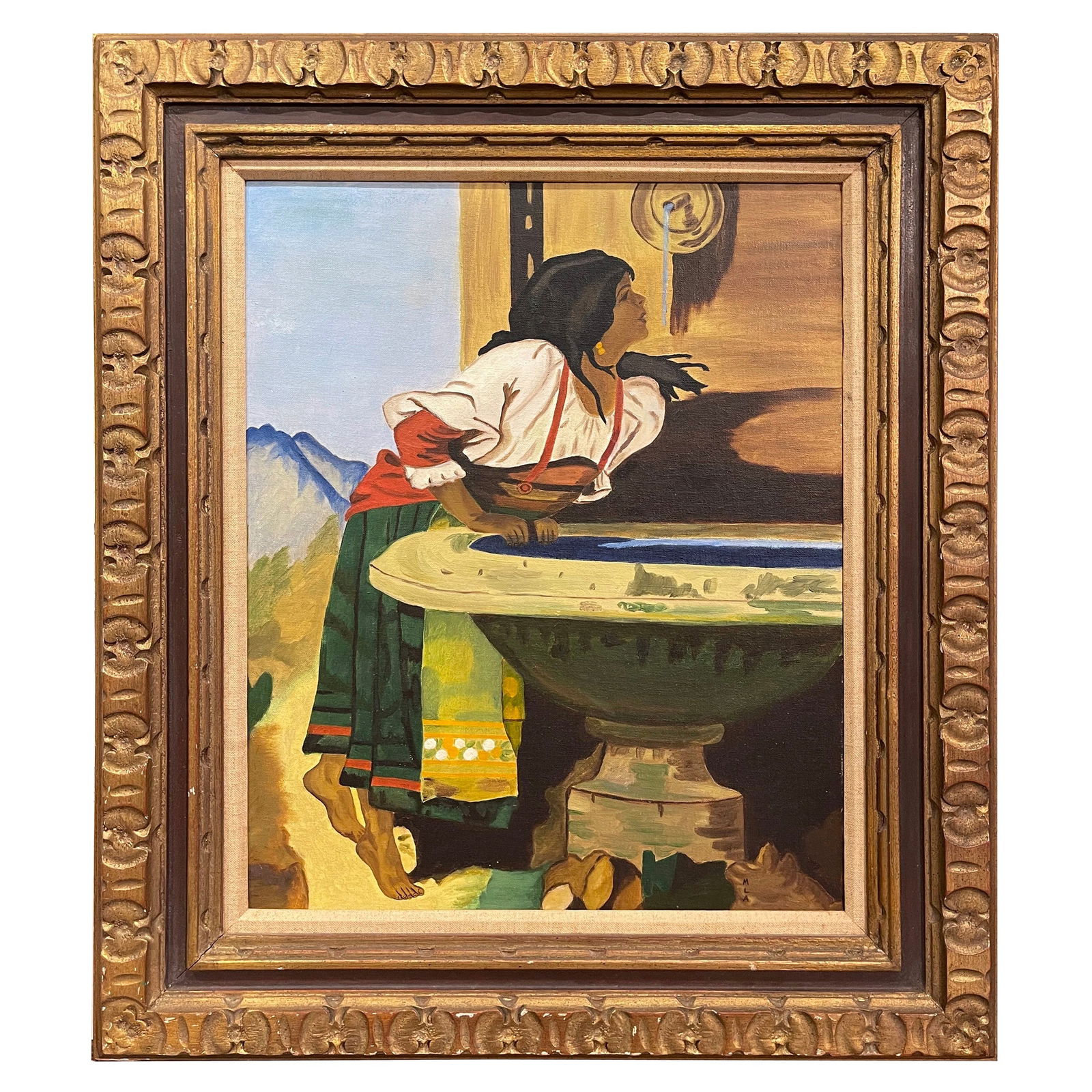 Framed Mid-20th Century Painting After Bonnat Roman Girl at Fountain: Framed Mid-20th Century Painting After Bonnat Roman Girl at Fountain This mid-century painting is an homage to Leon Bonnat's renowned 1875 work, "Roman Girl at a Fountain." Created circa 1960 in Franc