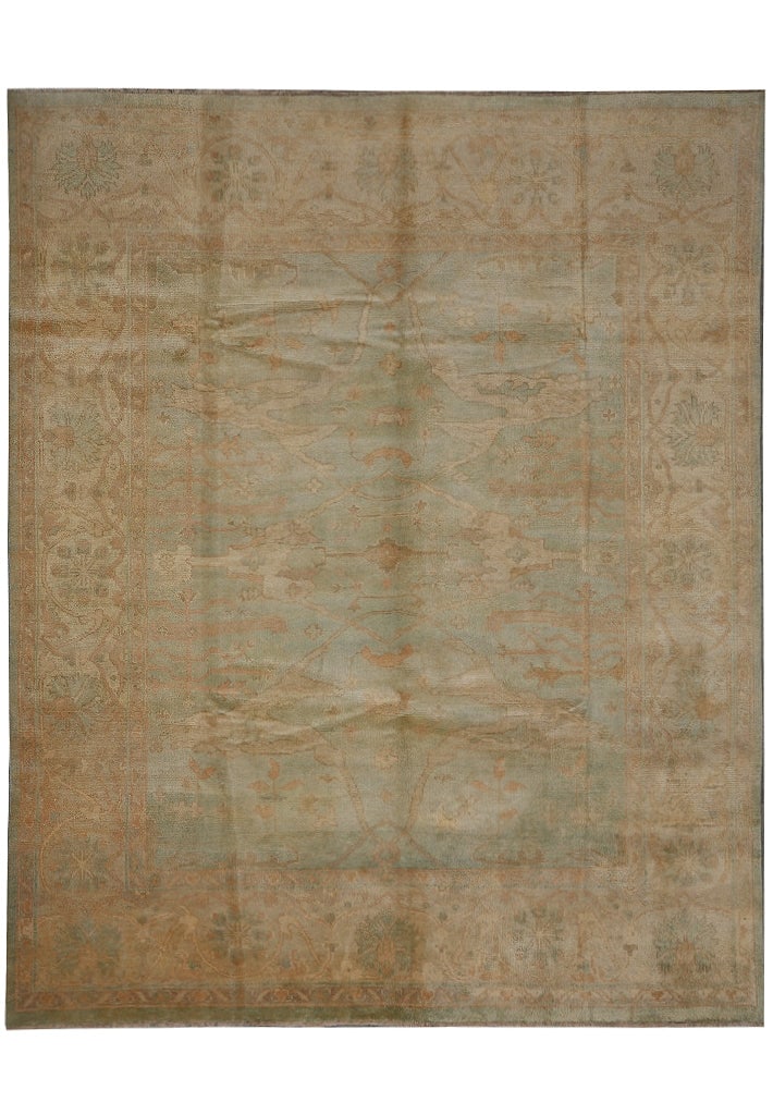 8.3 x 9.9 Hand Knotted Oushak Chobi Peshawar Wool Rug Warm Light Blue Brown: 8.3 x 9.9 Hand Knotted Oushak Chobi Peshawar Wool Rug Warm Light Blue Brown Free continental US Shipping This 8.3 x 9.9 Oushak Chobi Peshawar area rug features a hand-knotted construction with