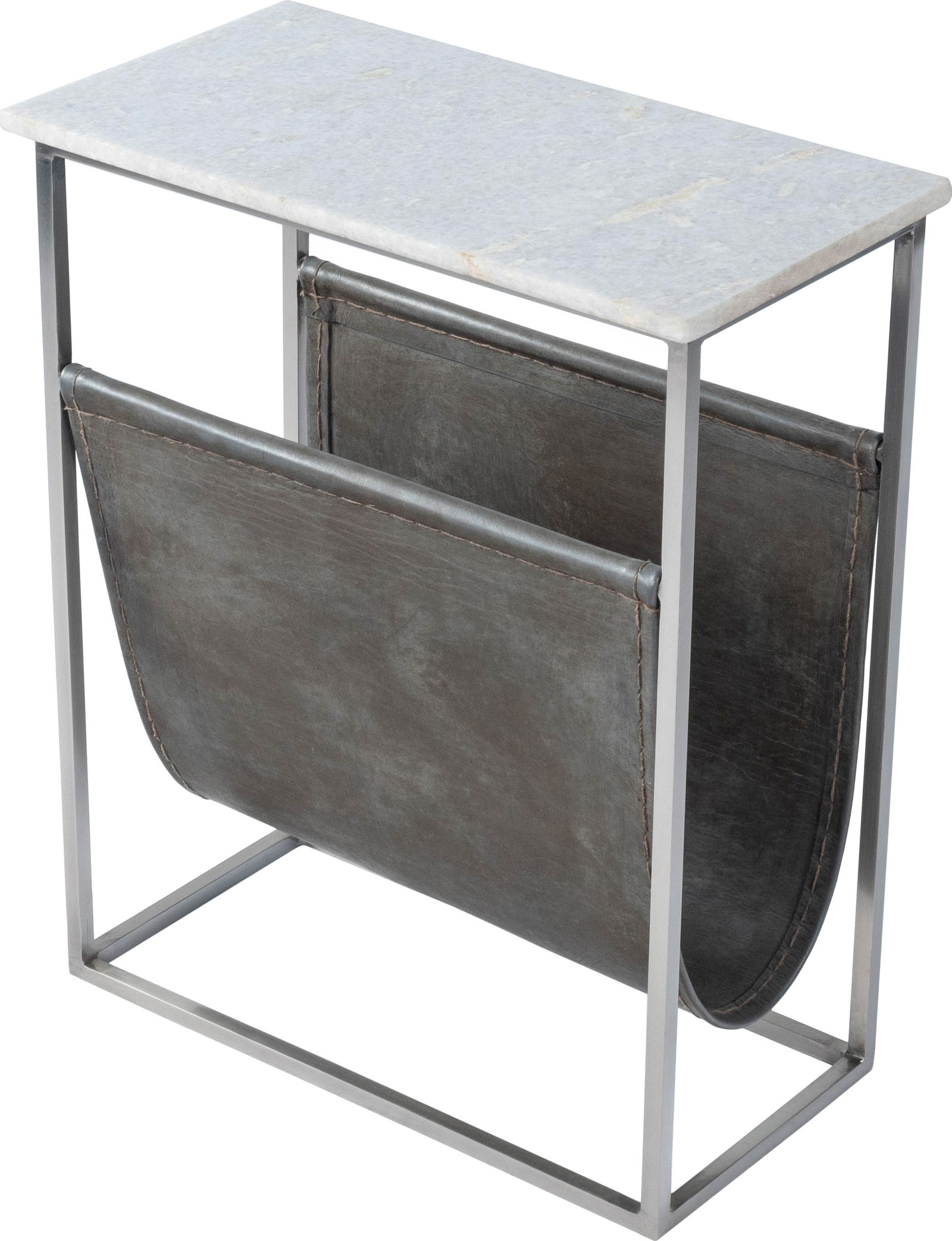 Butler Contemporary Marble and Leather Magazine Table: Butler Contemporary Marble and Leather Magazine Table Elevate your space with this sleek marble and leather magazine table, designed to be both functional and stylish. Featuring a refined off-white ma