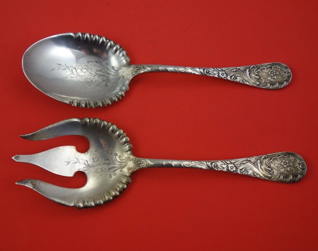 Wood & Hughes Louvre Sterling Silver Salad Serving Set 9 Inch Bright-Cut (1 of 2)