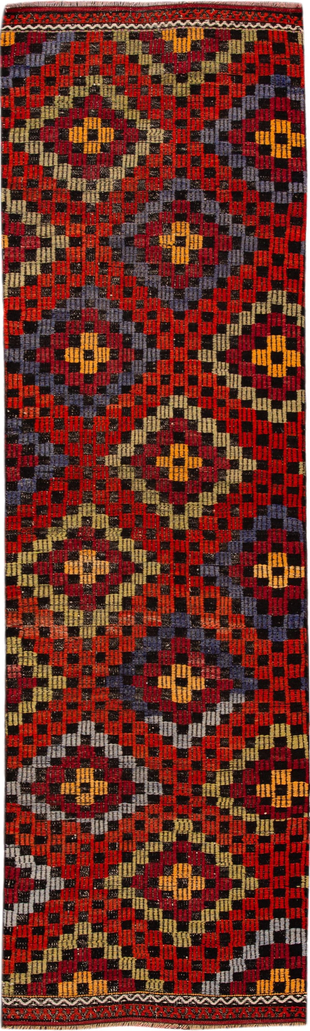 Mid-20th Century Vintage Sumakh Wool Runner Rug 2'8 x 9'1 Red: Mid-20th Century Vintage Sumakh Wool Runner Rug 2'8 x 9'1 Red Enhance your home decor with this exquisite Mid-20th Century Vintage Sumakh Runner Rug. Featuring a vibrant all-over multi-color motif, th