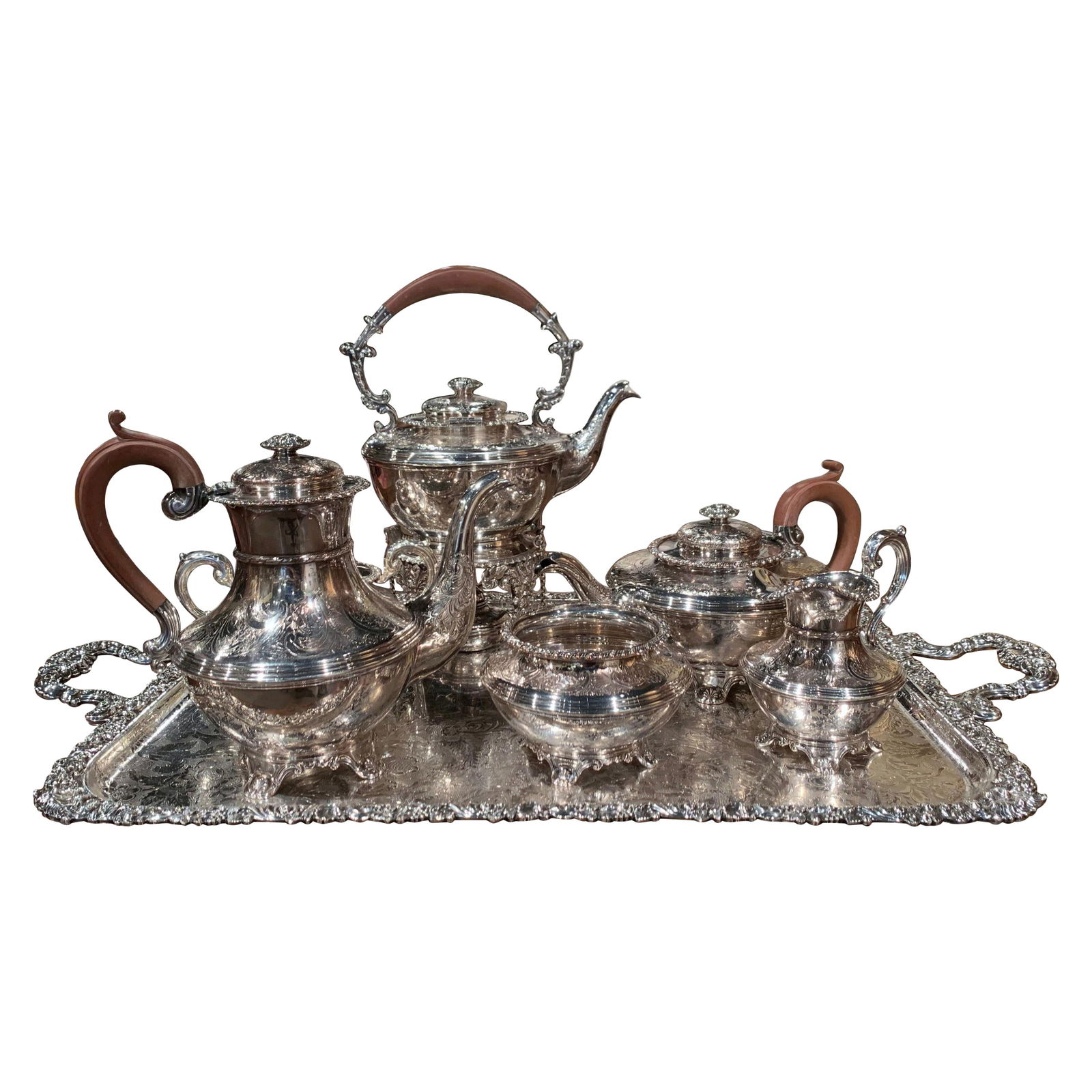 Seven-Piece English Silver Plate Tea and Coffee Set with Serving Tray (1 of 12)
