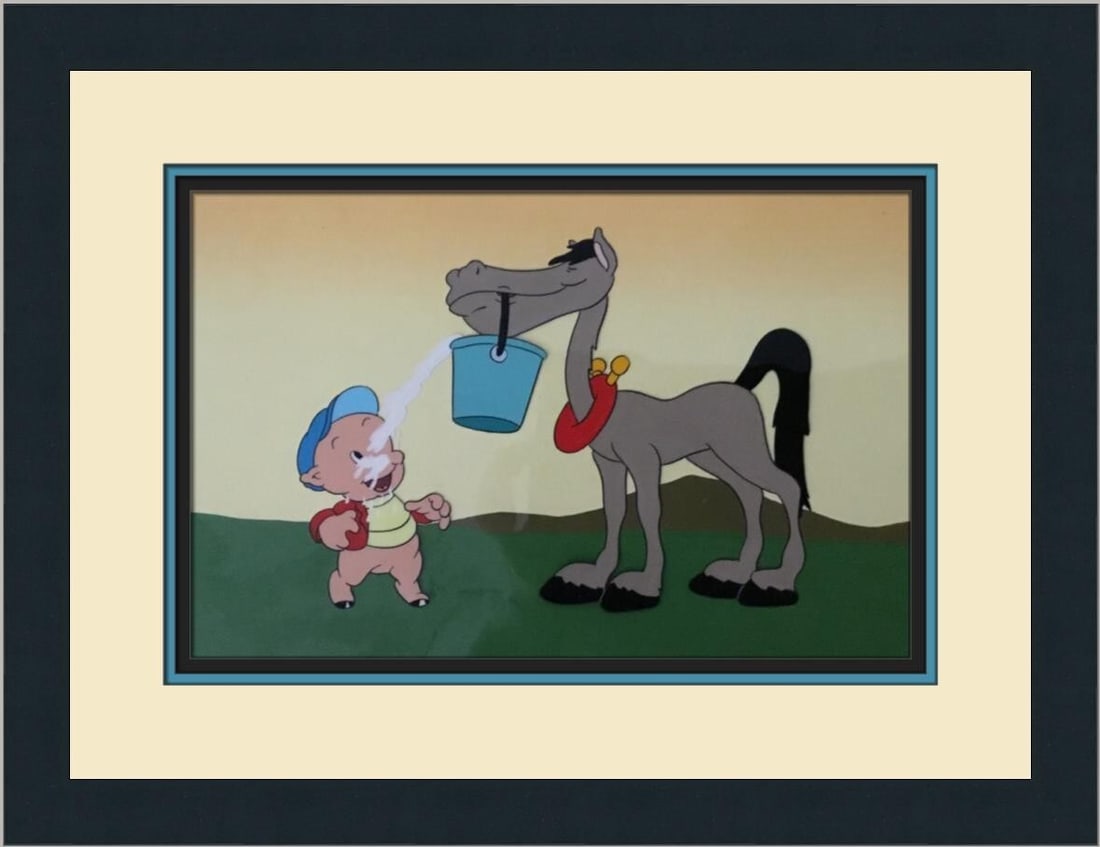 Porky Pig's Prized Pony Hand Painted Framed Cel by Warner Bros 1980: Porky Pig's Prized Pony Hand Painted Framed Cel by Warner Bros 1980 This hand-painted animation production cel features the beloved character Porky Pig from the Warner Bros. classic, "Porky Pig's Priz