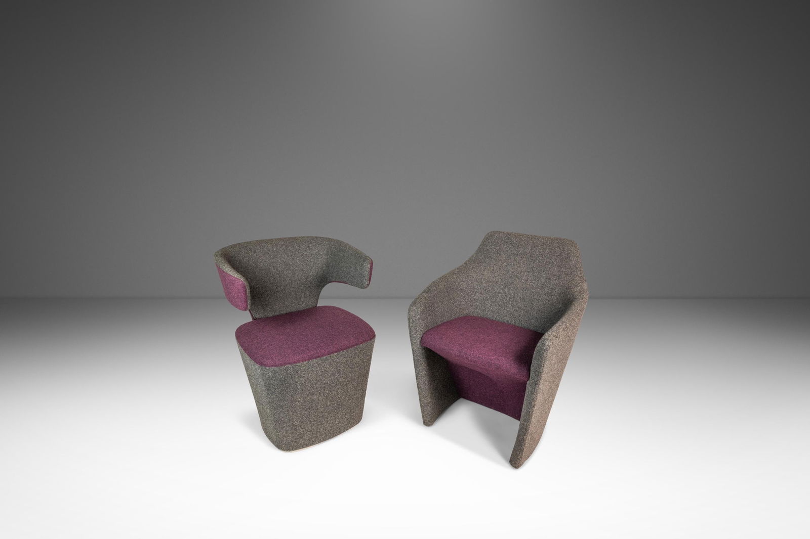 Pair of Mohair Bison and Venus Lounge Chairs by Simon Pengelly for Allermuir UK: Pair of Mohair Bison and Venus Lounge Chairs by Simon Pengelly for Allermuir UK This set includes two postmodern lounge chairs, the "Bison" and "Venus," designed by Simon Pengelly for Allermuir in the