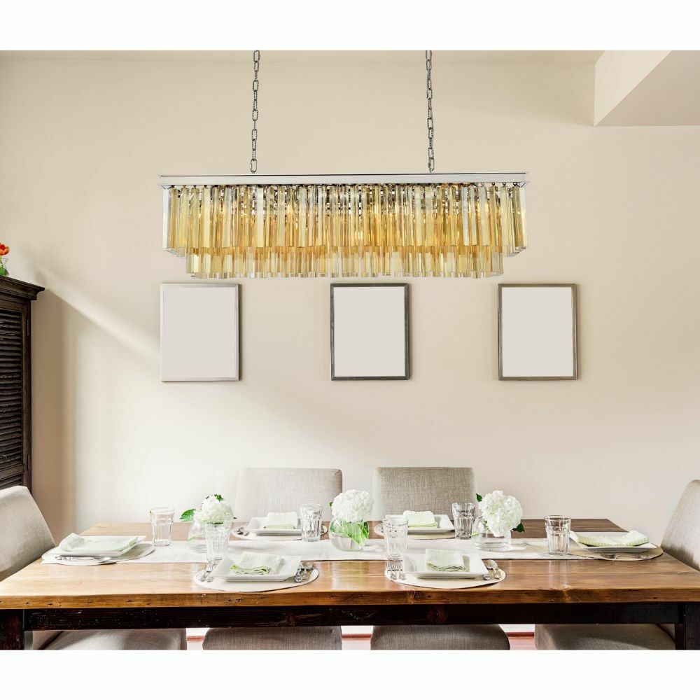 Sydney Modern 12-Light Rectangle Chandelier with Golden Teak Crystal and Polished Nickel: Sydney Modern 12-Light Rectangle Chandelier with Golden Teak Crystal and Polished Nickel This chandelier features a striking modern design with a polished nickel frame and golden teak (smoky) crystal