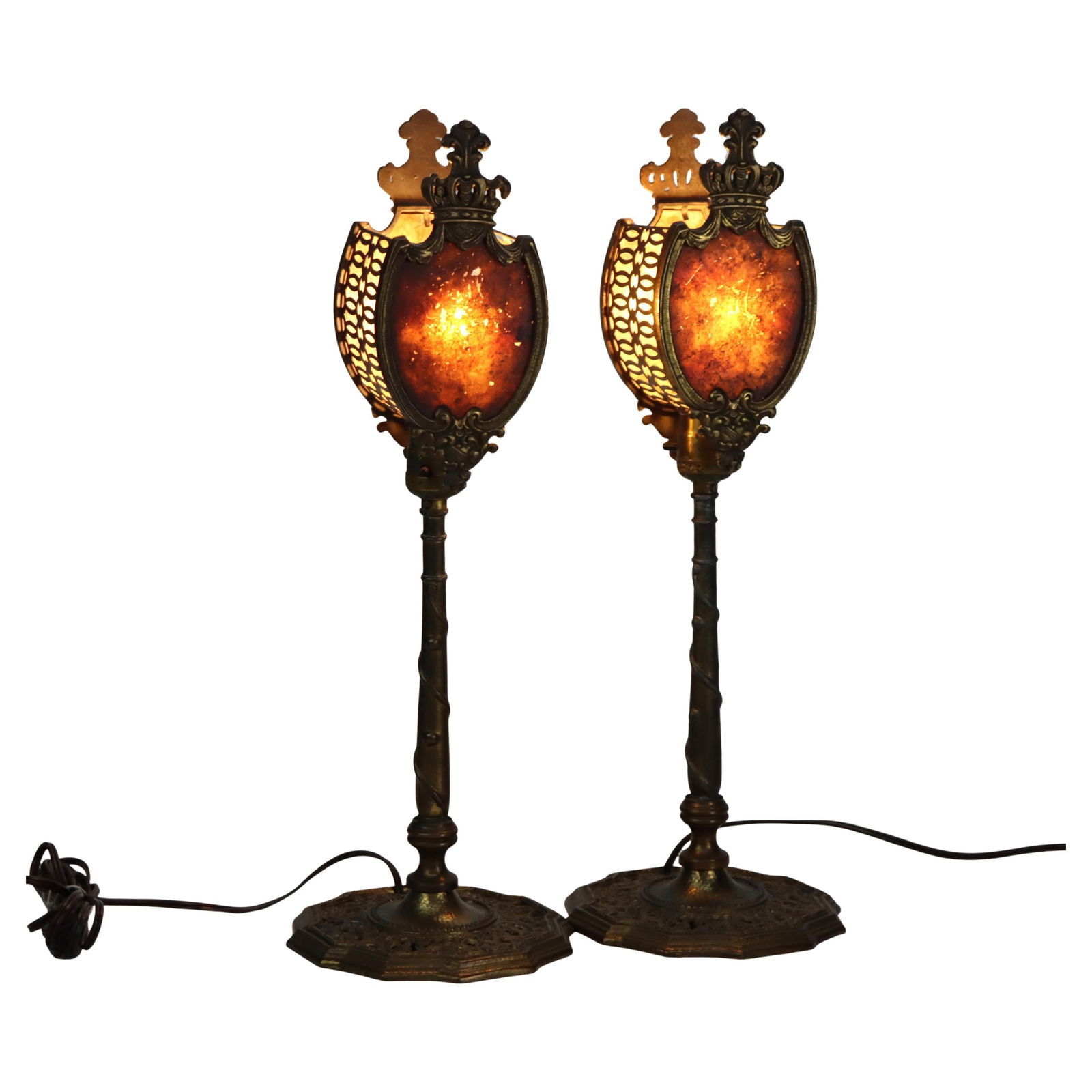 Set of 2 Arts and Crafts Bronze Shield Torchiere Table Lamps c1920 (1 of 7)