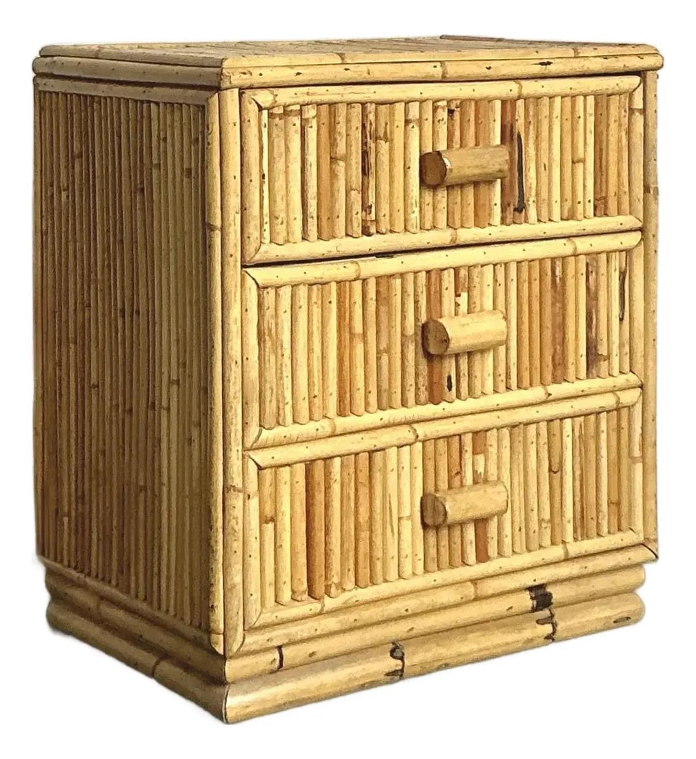 Small Bamboo and Rattan Three Drawer Boho Accent Chest: Small Bamboo and Rattan Three Drawer Boho Accent Chest This small vintage chest is crafted from natural bamboo and rattan, showcasing three functional drawers with vertical bamboo reeds and a horizont