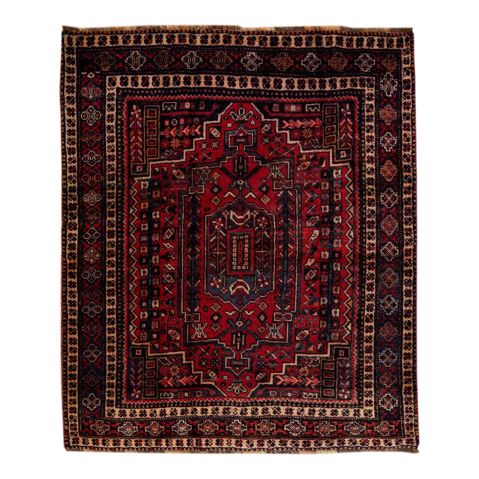 Vintage Handmade Persian Wool Rug Red Geometric Design 4'8" x 5'2" (1 of 10)