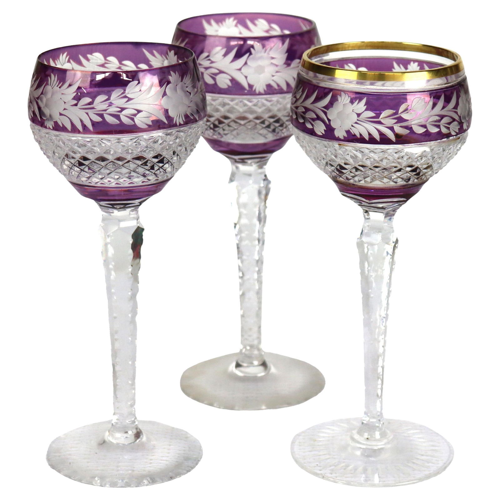 Set of 3 Bohemian Amethyst Floral Cut Glass Wine Goblets Early 20th Century (1 of 11)