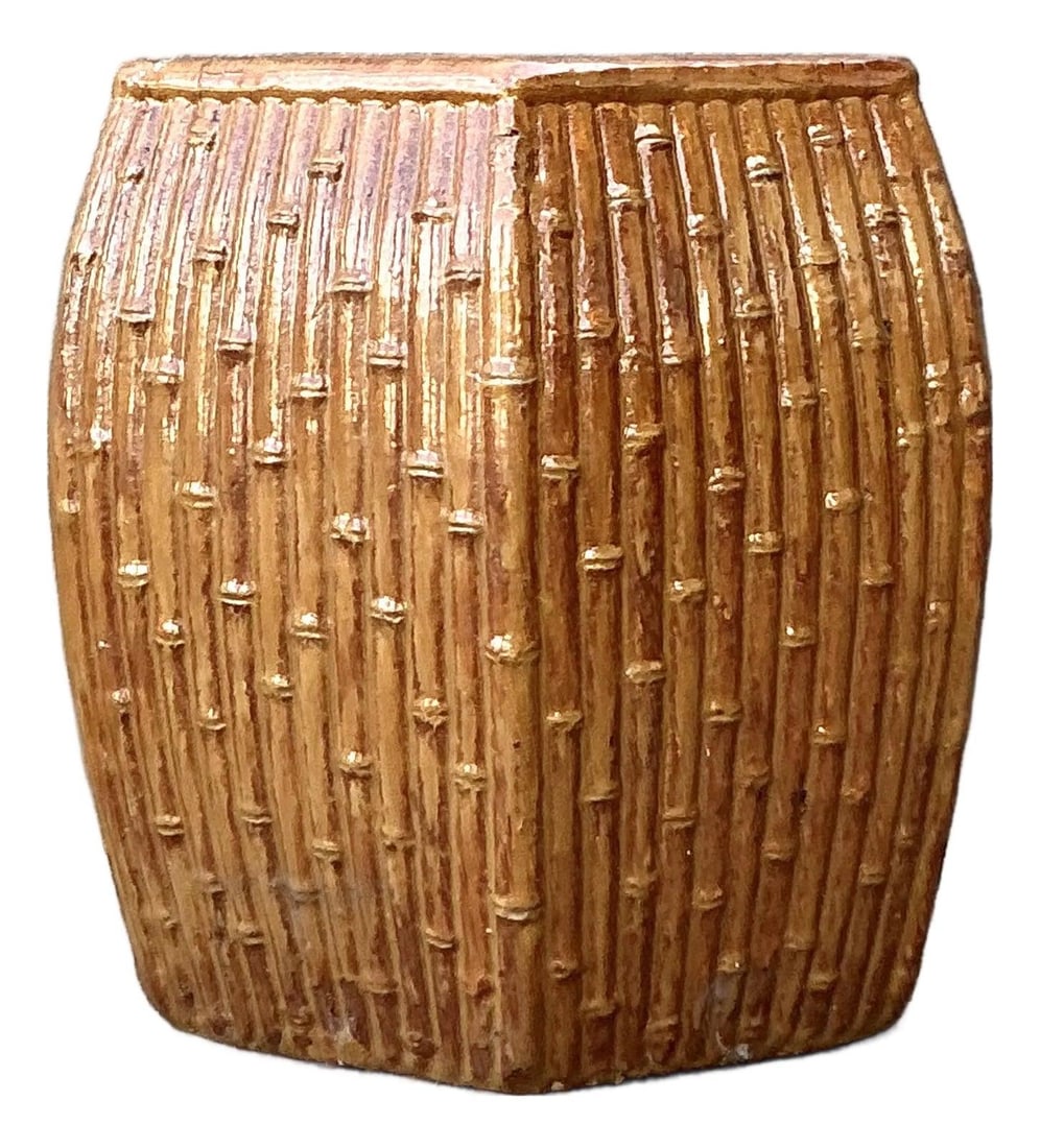 Honey Amber Glazed Bamboo Motif Ceramic Hexagonal Garden Stool: Honey Amber Glazed Bamboo Motif Ceramic Hexagonal Garden Stool This vintage ceramic garden stool features a striking hexagonal silhouette with high-relief faux bamboo stalks and realistic nodes, finis