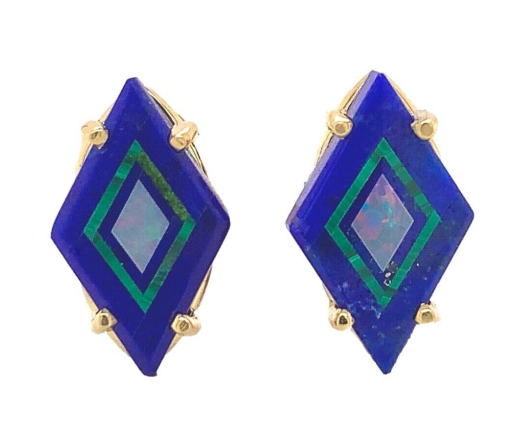 14k Gold Intarsia Stud Earrings Opal Lapis Malachite Diamond Shape GIA Certified: 14k Gold Intarsia Stud Earrings Opal Lapis Malachite Diamond Shape GIA Certified Enhance your jewelry collection with these exquisite 14k gold genuine intarsia stud earrings. Featuring a stunning diam