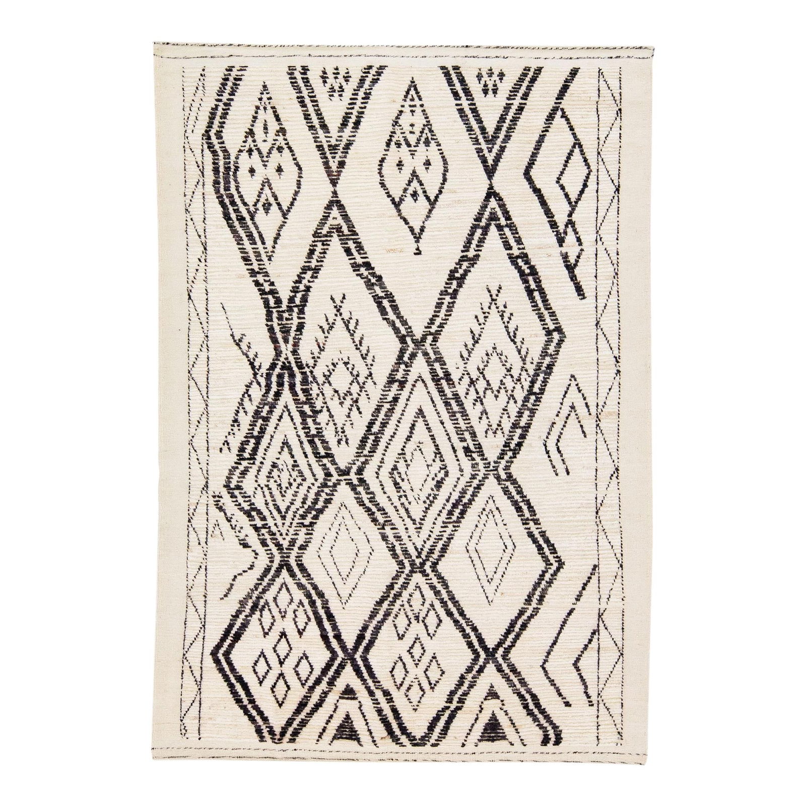Ivory Handmade Moroccan Wool Rug with Tribal Design 4'11 x 7'2: Ivory Handmade Moroccan Wool Rug with Tribal Design 4'11 x 7'2 Enhance your space with this beautifully crafted Moroccan-style handmade wool rug. Featuring a sophisticated ivory field, this modern rug